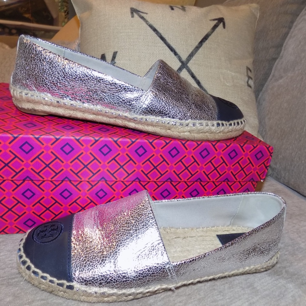 Tori Burch Sz 7.5 Flat Espadrille, Navy & Silver
